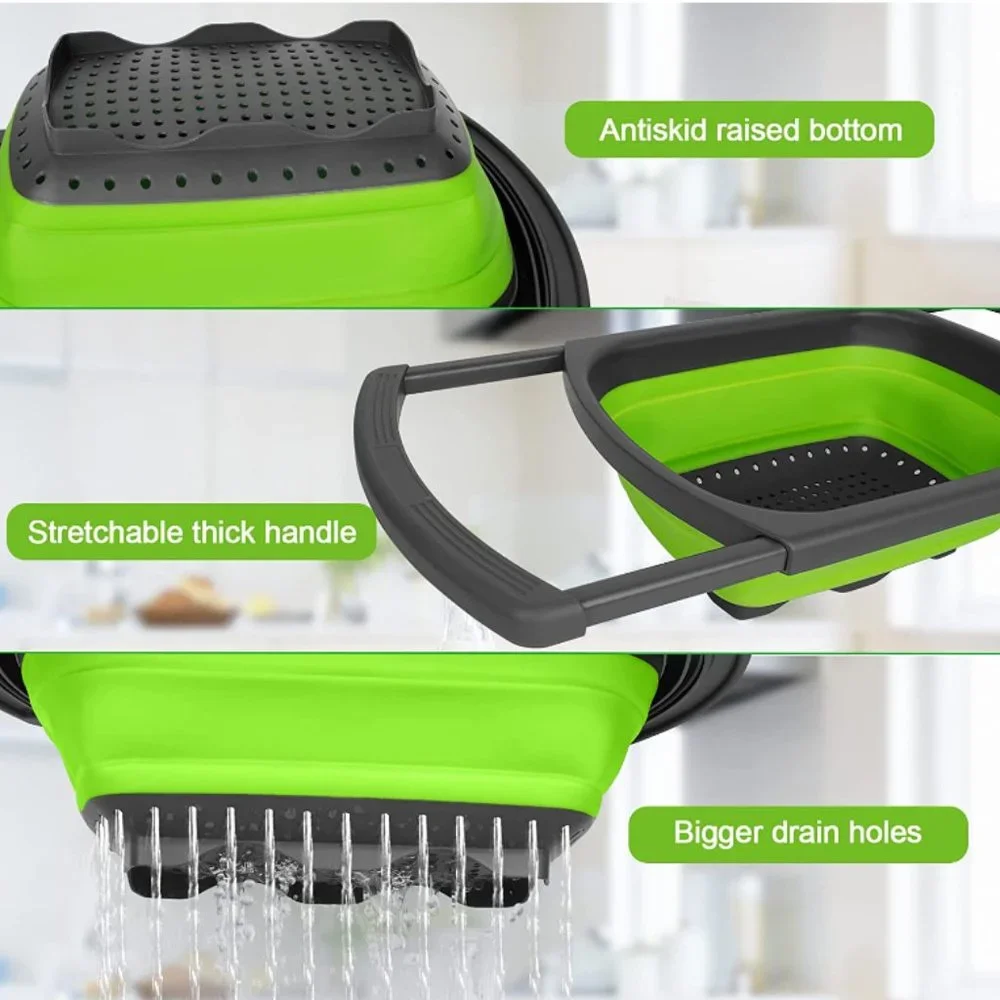 Collapsible Strainer w/ Extendable Handle Over The Sink - Silicone Colander 6Qt